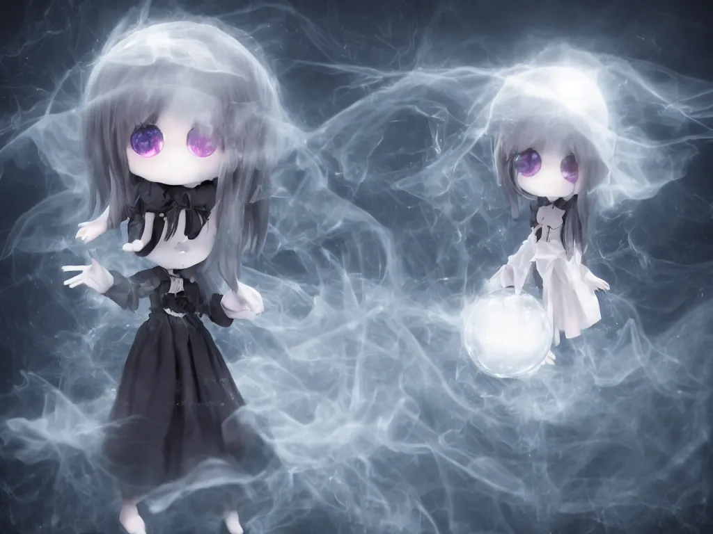 Prompt: cute fumo plush girl gazing into a crystal ball swirling with strange energy, black and white eldritch gothic horror, smoke and volumetric fog, witch girl, soothsayer, lens flare glow, chibi anime, vray