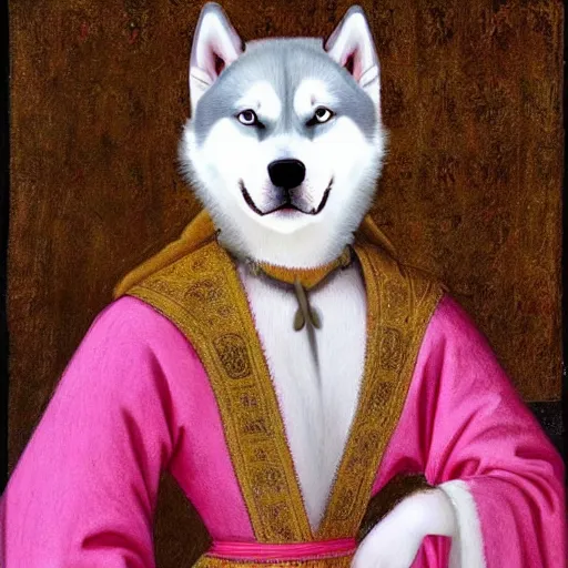 Prompt: derpy siberian husky dog princess in pink gown, medieval painting