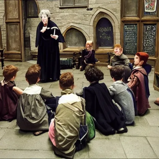 Prompt: Granny Weatherwax is teaching magic to a class of kids in Hogwarts, a scene from Harry Potter and the prisoner of Azkaban