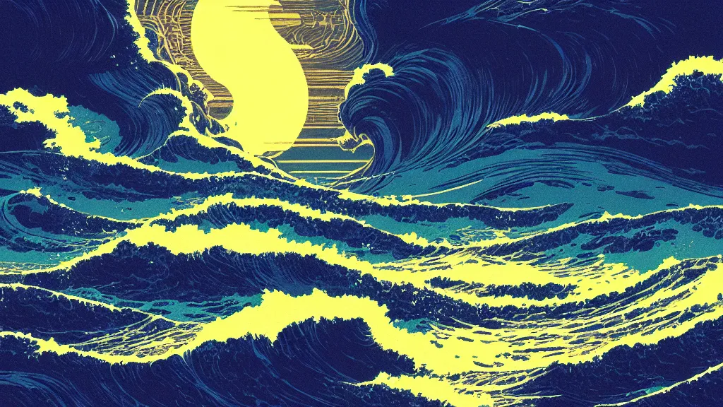 Image similar to highly detailed illustration of high exposure ocean waves at night by makoto shinkai, by nico delort, by dan mumford, by otomo, by kilian eng, by moebius, kodachrome, 4 k resolution