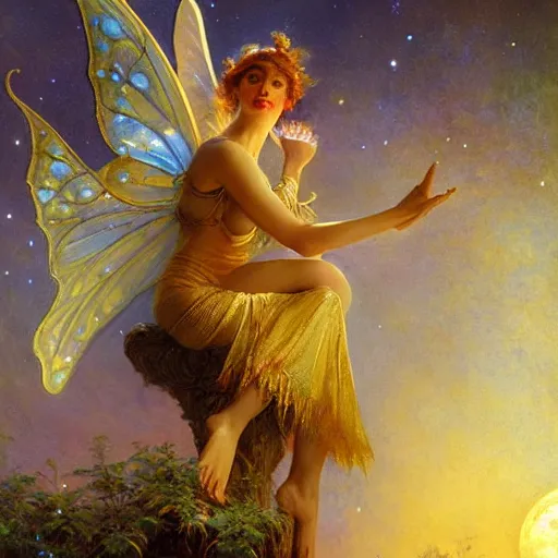 Image similar to attractive fairy magically floating high in the night, fantasy, full moon in background. highly detailed painting by gaston bussiere, craig mullins, j. c. leyendecker, mid shot, 8 k