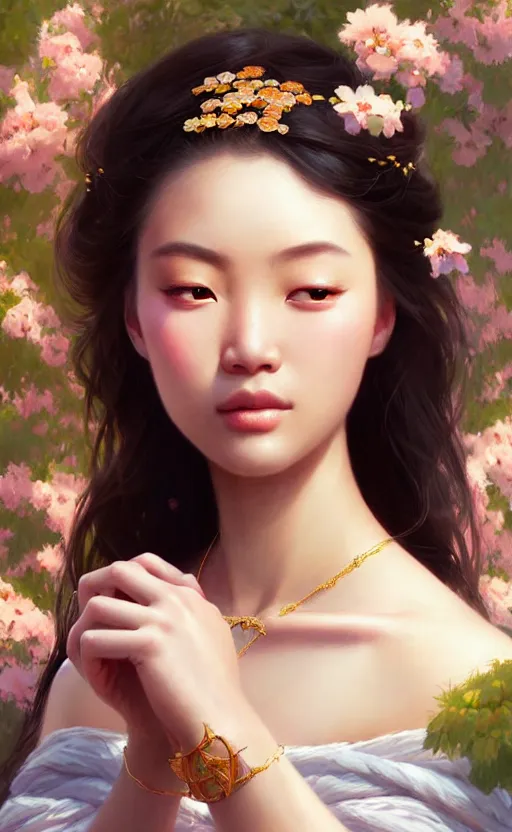 Image similar to a beautiful young charming asian goddess with sundress and jewelry | | winter, realistic shaded, unpleasant face, good looking, fine details, dior, lv, realistic shaded lighting poster by greg rutkowski, macoto takahashi, magali villeneuve, artgerm, jeremy lipkin and michael garmash