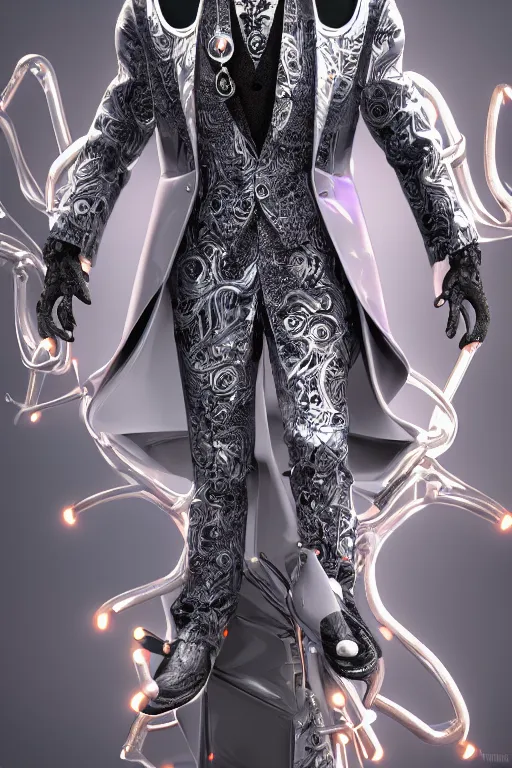 Prompt: futuristic tuxedo made of nanomachines, fashion outfit design, intricate, ornate, luxury, hyper detailed, insanely detailed, corona render, octane render, colorful redshift render, 8 k