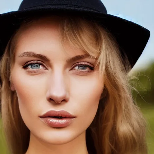 Image similar to photograph of an olive skinned blonde female model in her twenties, her hair pinned up under designer hat, wearing a designer top, looking content, focused on her neck, photo realistic, extreme detail skin, natural beauty, no filter, slr, golden hour, 8 k, high definition, selfie