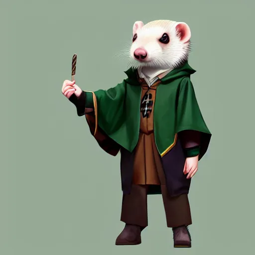 Image similar to a anthropomorphic ferret is dressed as a hogwarts student in slytherin robes, hyperdetailed, artstation, cgsociety, 8 k