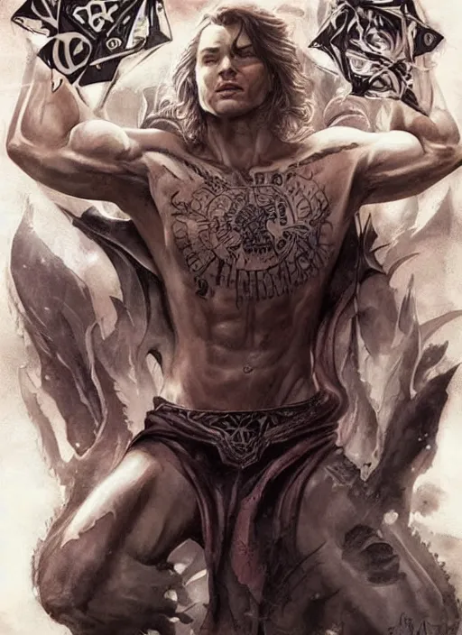 Prompt: handsome! Sam Winchester as a muscular whole body tattooed with runes and religious symbols, urban fantasy romance book cover, D&D!, fantasy style, sharp focus!, ultra detailed, art by Artgerm and Peter Andrew Jones, WLUP