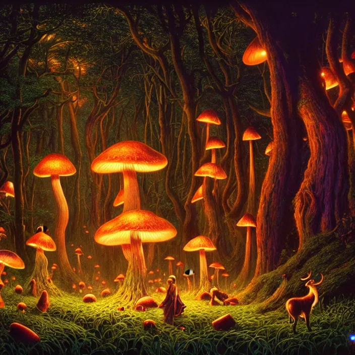 Prompt: an enchanted forest at night illuminated by glowing mushrooms with goats grazing, tim hildebrandt, wayne barlowe, bruce pennington, donato giancola, larry elmore, masterpiece, trending on artstation, cinematic composition, dramatic pose, beautiful lighting, sharp, details, hyper - detailed, hd, hdr, 4 k, 8 k