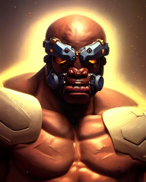 Image similar to doomfist from overwatch, elegant, confident, smug, ripped, buff, strong, fantasy, fantasy art, character portrait, portrait, close up, highly detailed, intricate detail, amazing detail, sharp focus, vintage fantasy art, vintage sci - fi art, radiant light, caustics, by boris vallejo