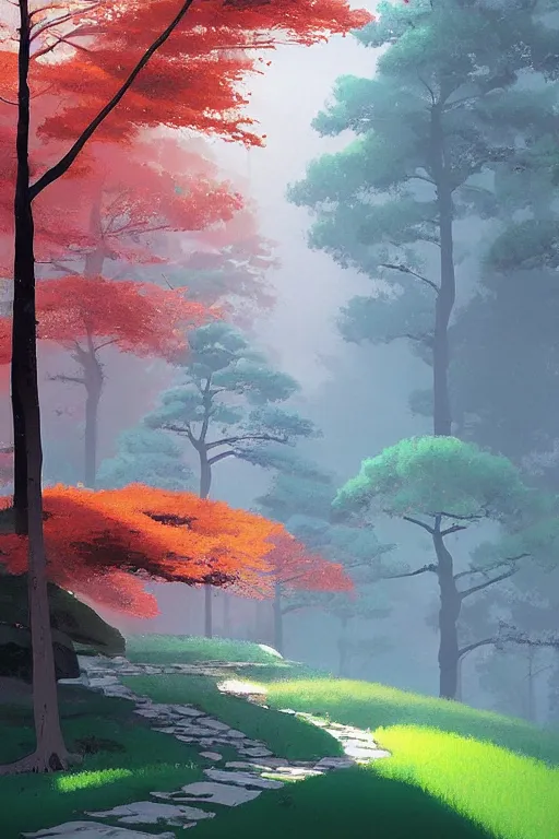 Image similar to Japanese Torii in a colorful moutain with trees ,morning , by studio ghibli painting, by Grzegorz Rutkowski, concept art