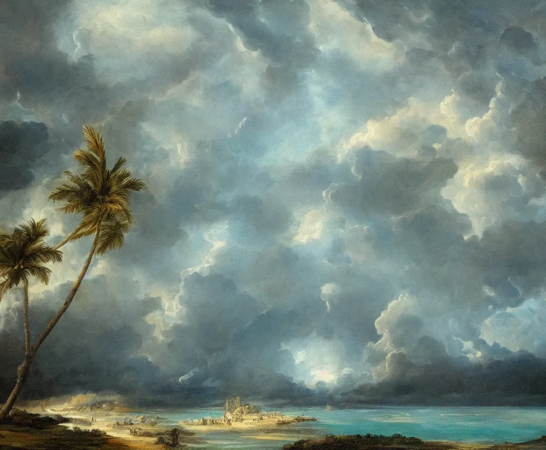 Image similar to a dreamlike painting of a paradise island during a thunderstorm