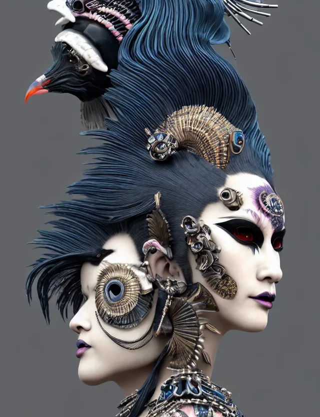 Image similar to 3 d goddess close - up profile portrait punk with mohawk with ram skull. beautiful intricately detailed japanese crow kitsune mask and clasical japanese kimono. betta fish, jellyfish phoenix, bio luminescent, plasma, ice, water, wind, creature, artwork by tooth wu and wlop and beeple and greg rutkowski