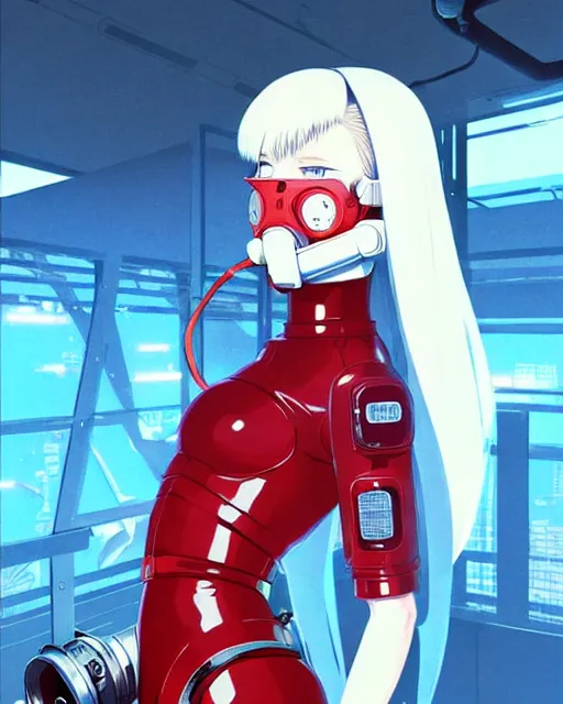 Image similar to white haired cyborg girl wearing a gas mask and red dress | | audrey plaza, fine detail!! anime!! realistic shaded lighting!! poster by ilya kuvshinov katsuhiro otomo ghost - in - the - shell, magali villeneuve, artgerm, jeremy lipkin and michael garmash and rob rey