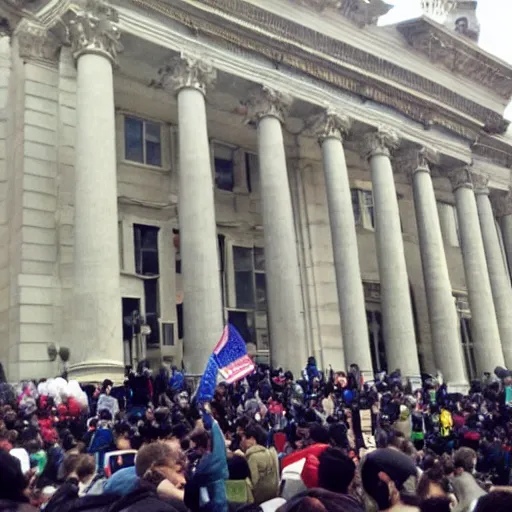 Prompt: tornado going into government building, papers flying around, people cheering for freedom