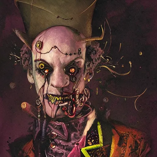 Image similar to Portrait of a creepy steampunk clown, fantasy, colorful, detailed, by Greg Rutkowski and Dave McKean, pink and gold color palette