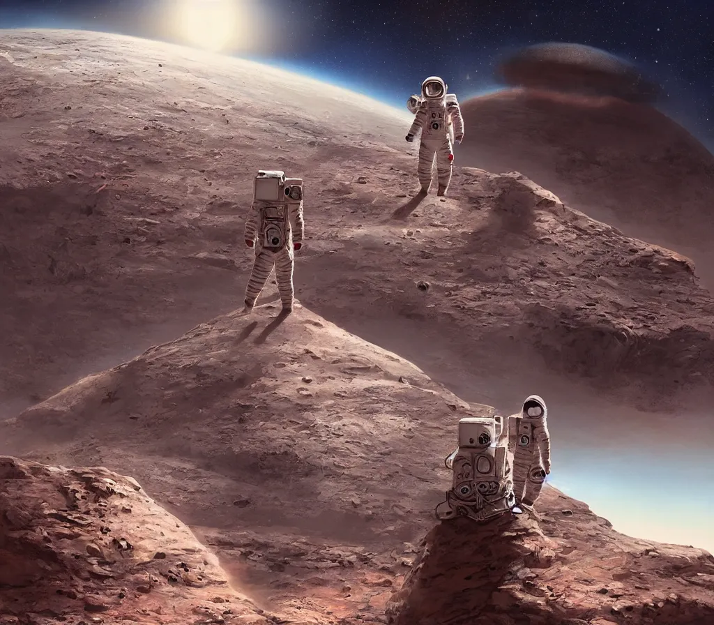 Image similar to Detailed photo of an astronaut seen from behind, he is standing on top of mount Venus on Mars, he is watching the Starship Super Heavy landing at the background, by Jordan Grimmer, digital art