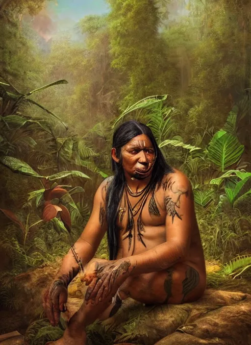 Prompt: a beautiful portrait of an indigenous man sitting in the jungle, taking tobacco snuff, praying with tobacco, mysterious atmosphere, fantasy art, matte painting, highly detailed