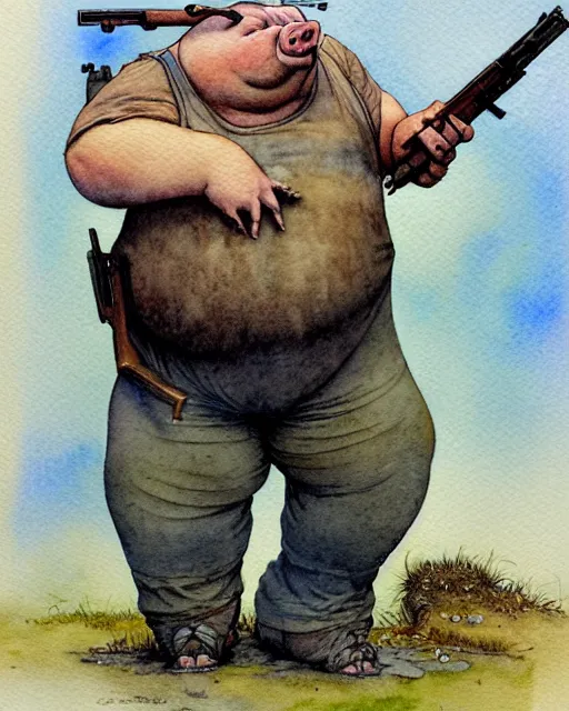 Image similar to a realistic and atmospheric watercolour fantasy character concept art portrait of a fat adorable dirty chibi pig wearing a wife beater and holding a rifle, by rebecca guay, michael kaluta, charles vess and jean moebius giraud