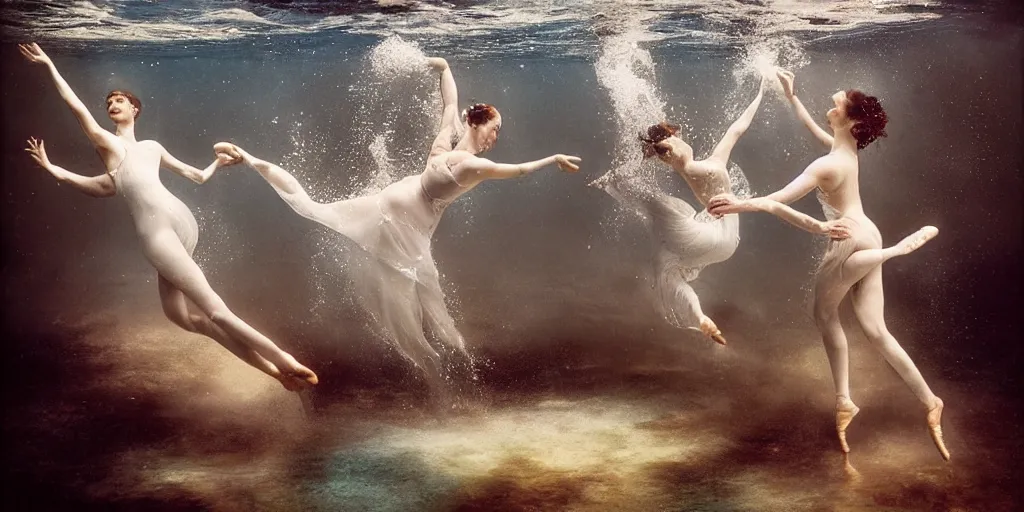 Image similar to underwater realistic photography of dancers with long gorgeous clothes , renaissance epic scene . Fluidity, elegance, beauty, water ocean cautic , ocean surface visible and water bubbles details rising up reaslitic undrwater background, high details. by CHRISTY LEE ROGERS