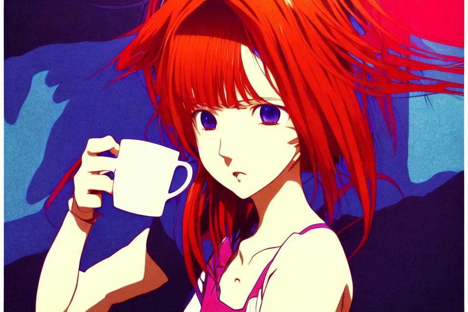 Prompt: colorful, anime portrait of a heroine drinking coffee, katsuhiro otomo, murata range, Ilya kuvshinov,fine texture, fine details, matte print, film noir, dramatic lighting, manga, anime, extreme perspectivedynamic composition, cinematic, film grain, moody, vivid, volumetric, alphonse mucha, art deco, smooth light shading, stippled lighting