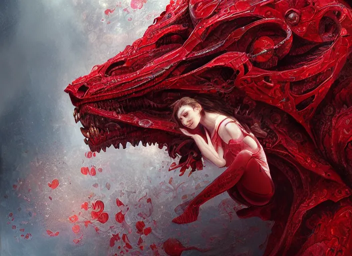 Prompt: woman in love sit upon a scarlet coloured beast, pain, light effect, hyper detailed, intricate, elegant, highly detailed, digital painting, artstation, concept art, matte, sharp focus, illustration, by james jean, andrei riabovitchev, marc simonetti, yoshitaka amano