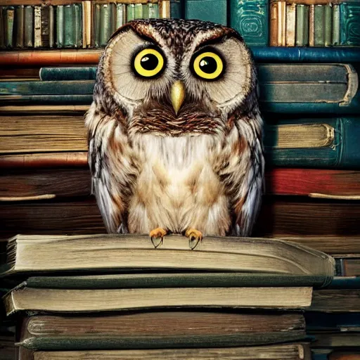 Prompt: long shot of a fluffy sleegy owl sitting on a pile of antique books, by naoto hatori, by yoshita amano, by esao andrews, fancy illustration hyperrealistic, big depth of field, fresh colors, moody evening light, 3 d octane render conceptart, 4 k, highly detailed, trending on artstation