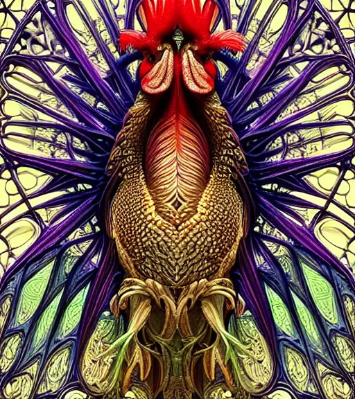 Image similar to hyperrealistic detailed face portrait of a beautiful rooster morphing into a gothic cathedral, authentic ornamental architecture, intricate and highly detailed, awe inspiring art by ernst haeckel, h. r. giger, alphonso mucha, android jones, james jean, gothic, neo - gothic, heavily ornamental, nice deep colours,