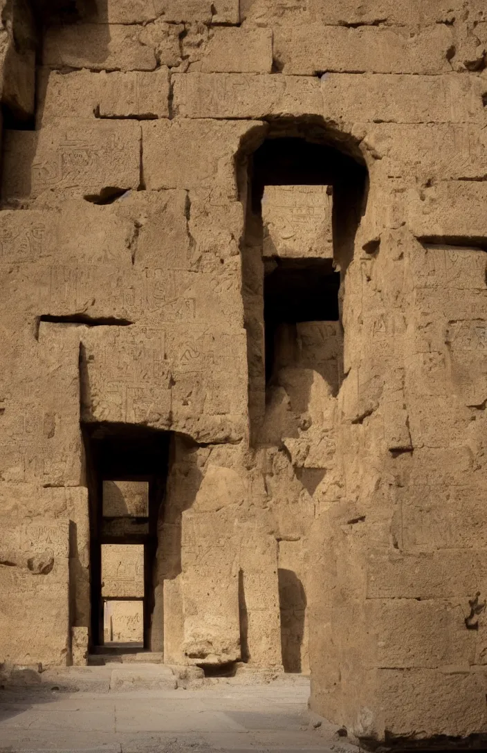 Image similar to punisher symbol is giant arching entrance into ancient egyptian temple with luminous smoke and light rays.