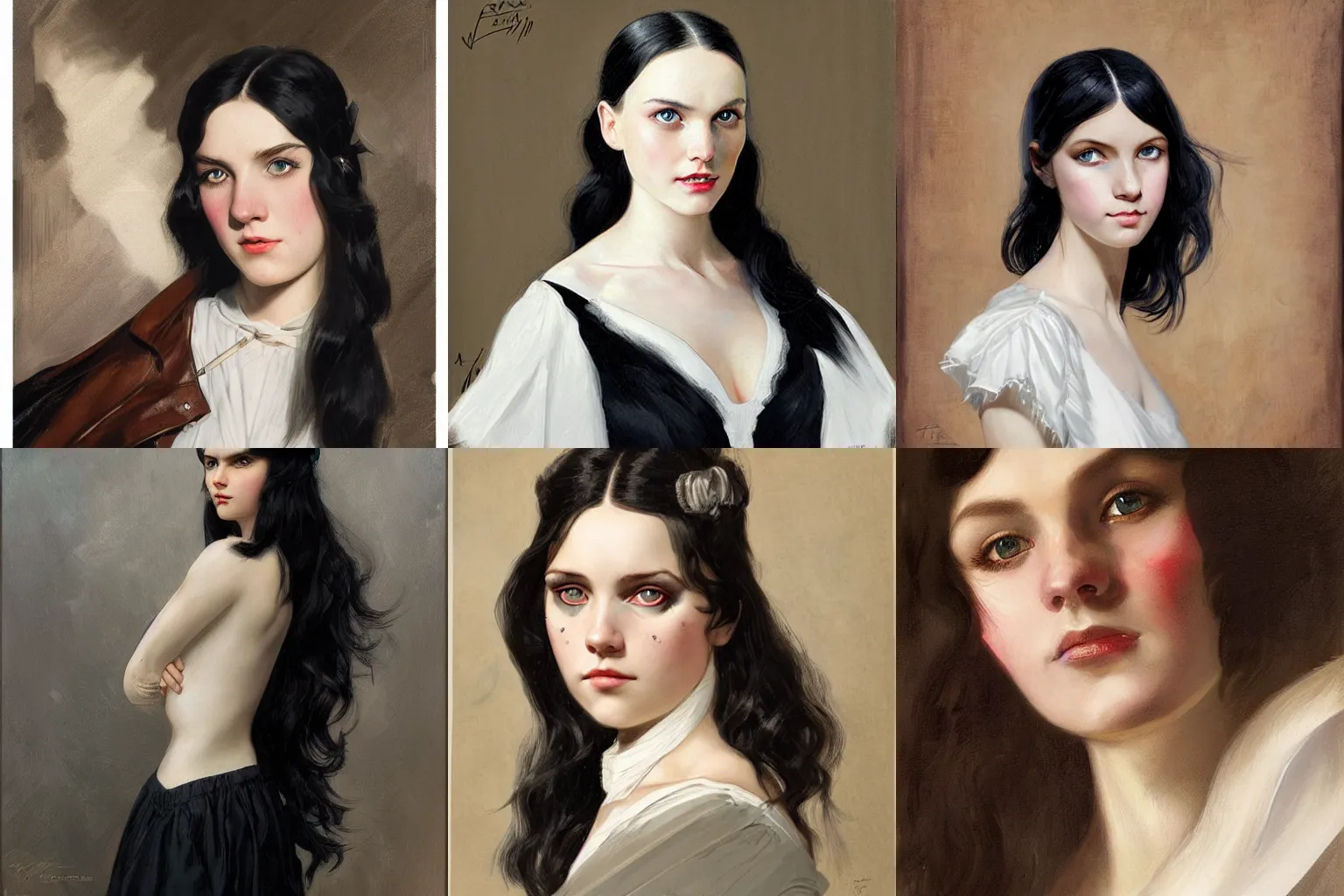 Prompt: a portrait of a girl with long black hair and heterochromatic eyes with a white color scheme. By Geoffroy Thoorens and JC Leyendecker.