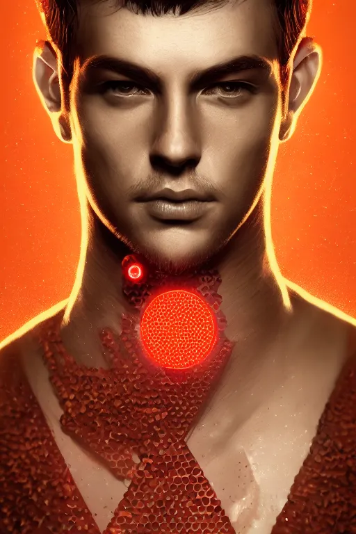 Prompt: fantasy portrait of a man, red intricate hexagons, glow, cinematic, abstract, wlop, artgerm, octane render