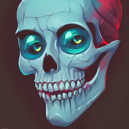 Prompt: a portrait of an emoji skull face, in the style of artgerm, charlie bowater, atey ghailan and mike mignola, vibrant colors and hard shadows and strong rim light, plain background, comic cover art, trending on artstation