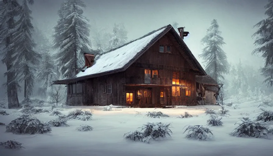 Image similar to old wooden house built in snowy forest with smoking chimney, evening, wood storage, hyperdetailed, artstation, cgsociety, 8 k