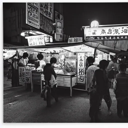 Prompt: candid street photography of a night market food stall by hisaji hara