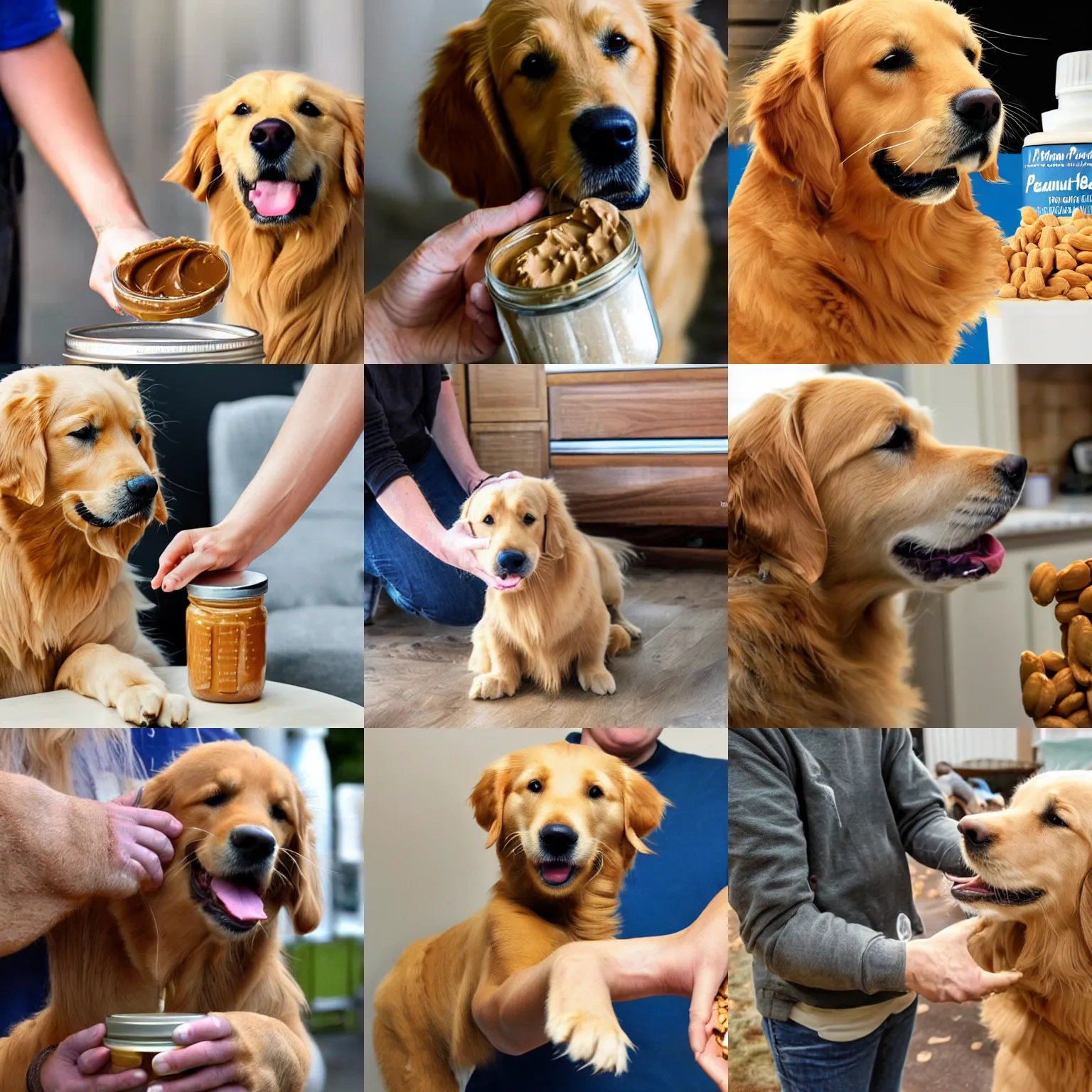 Prompt: a golden retriever with human hands instead of paws, opening a jar of peanut butter