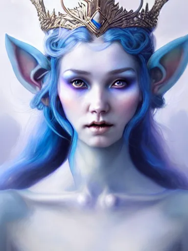 Image similar to the elven queen with blue skin by james jean, charlie bowater, tom bagshaw, nikolay makovsky : : enchanting, ethereal, magical, portrait, character design, illustration, hyperrealism, photorealism, digital art, concept art, fantasy, whimsy, weta, wlop, artstation