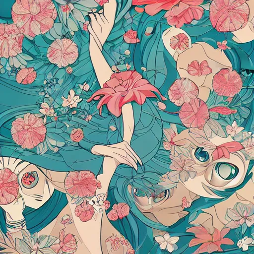 Image similar to anime manga closeup floral details comic patterns vector illustration style by James Jean pop art nouveau