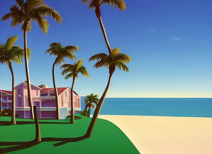 Image similar to houses near the beach, palm trees, vaporwave, kenton nelson,