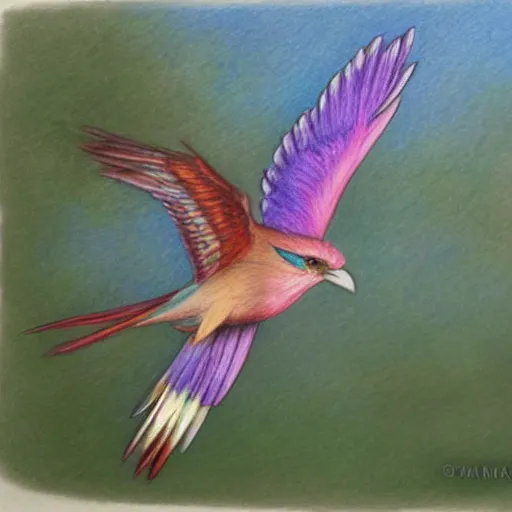 Image similar to a color pencil drawing of an lilac - breasted roller flying away by natalia rojas and ana maria martinez jaramillo, pastel color, wingspan, high quality, artstation, 4 k, realism, ultra realistic, fine art, white background, professionnal work