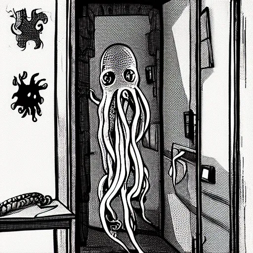 Image similar to grainy horror movie still of tentacles monster in closet, child room, moonlight, eerie, artstation