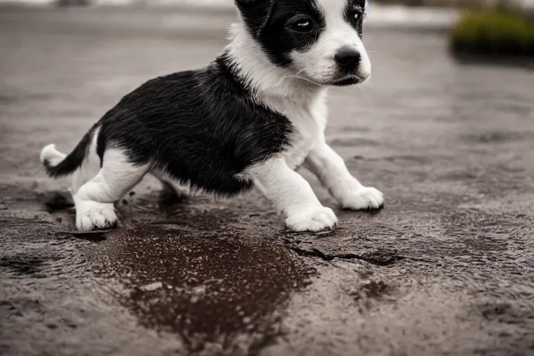 Image similar to an afraid puppy that is looking directly down at the water below while standing at an edge