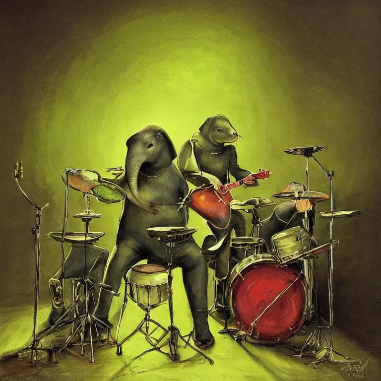 Image similar to a beautiful painting by aleksi briclot of an elephant seal playing drums and telecaster guitar in a concert stage, dark background, green concert light, dark mood