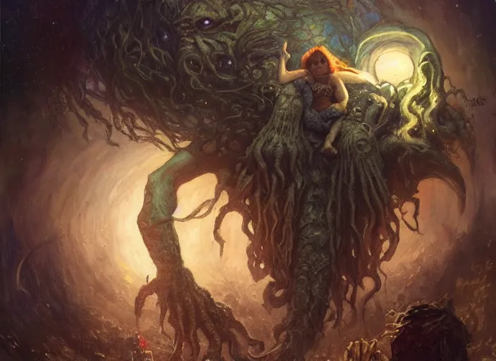 Prompt: my bed giant cthulhu children afraid in the dark moon light by gaston bussiere, anna nikonova aka newmilky, yoji shinkawa, yoshitaka amano, tsutomu niehi, donato giancola, geoffroy thoorens, trending on artstation, featured on pixiv, cinematic composition, 8 k