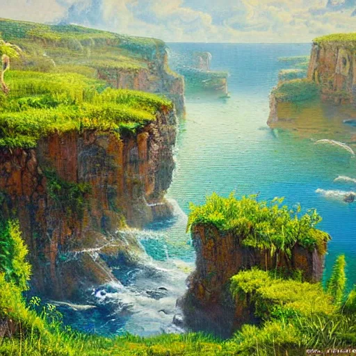 Image similar to painting of a lush natural scene on an alien planet by wojchiech siudmak. beautiful landscape. weird vegetation. cliffs and water.