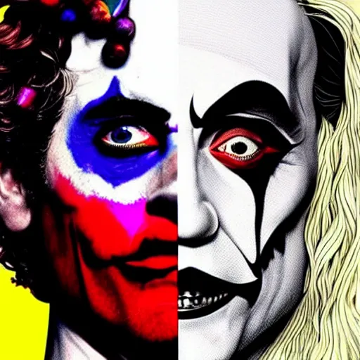 Image similar to richard hamilton and mimmo rottela as lady gaga harley queen and joaquin phoenix joker, pop art, dynamic composition, face and body features, ultra realistic art, smooth, sharp focus, illustration, concept art, intricarion h 7 6 8