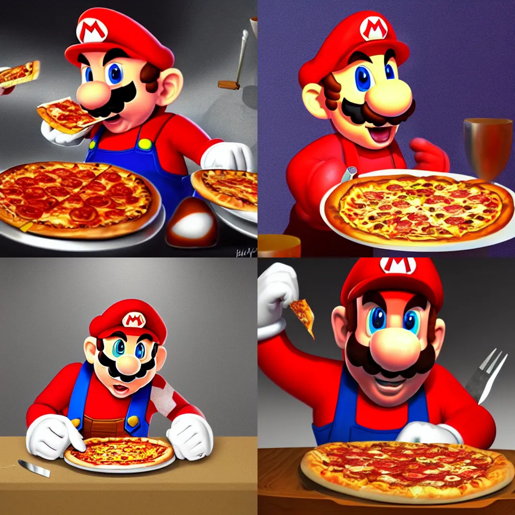 Prompt: An epic cinematic digital painting art of Mario eating pizza with cutlery, featured on artstation