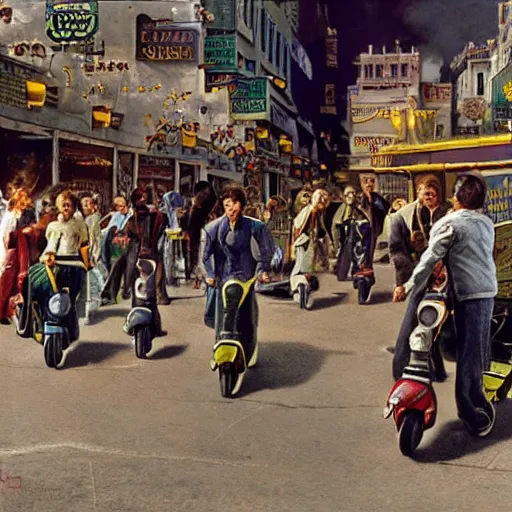 Image similar to a photo by ted nasmith and hans zatzka and quentin tarantino, a y 2 k aesthtic hip scooter messenger driving through a crowded city street