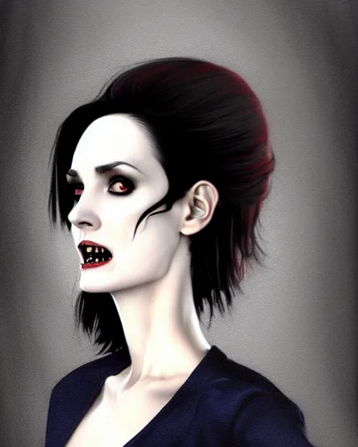 Image similar to gorgeous female Winona Ryder vampire sharp teeth in a confident dress, realistic character concept, medium shot, elegant pose, horror, illustration, slender symmetrical face and body, symmetrical eyes, artstation, cinematic lighting, hyperdetailed, Tom Bagshaw, Rafael Albuquerque, Norman Rockwell, single face, insanely detailed and intricate, beautiful, elegant, dark blue background