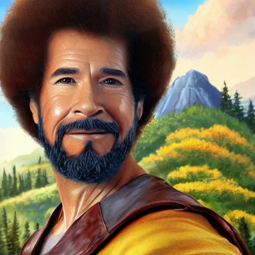 Image similar to a closeup photorealistic photograph of bob ross holding a paintbrush and diligently finishing a canvas painting of iron man. mountains and trees. film still. brightly lit scene. this 4 k hd image is trending on artstation, featured on behance, well - rendered, extra crisp, features intricate detail, epic composition and the style of unreal engine.