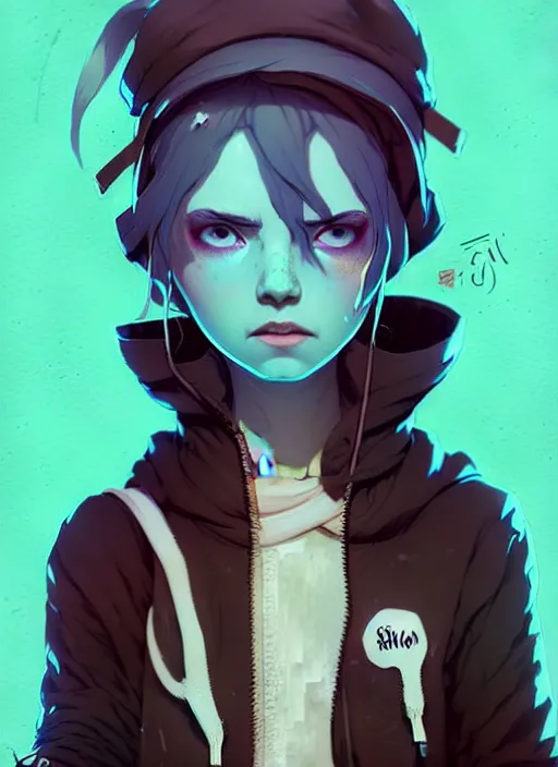 Image similar to highly detailed portrait of a sewer punk lady student, blue eyes, hoodie, white hair by atey ghailan, by greg rutkowski, by greg tocchini, by james gilleard, by joe fenton, by kaethe butcher, gradient blue, black, brown and cyan color scheme, grunge aesthetic!!! ( ( graffiti tag wall background ) )
