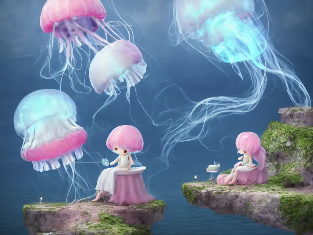 Image similar to cute fumo plush jellyfish girl sitting on a floating island, isometric projection, wisps of smoke and volumetric fog, vignette, vray