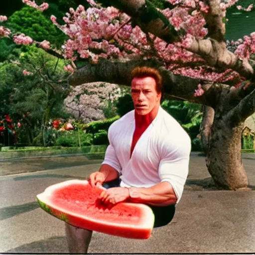 Prompt: photo, arnold schwarzenegger eats watermelon, japanese kimono, high heels, under sakura tree